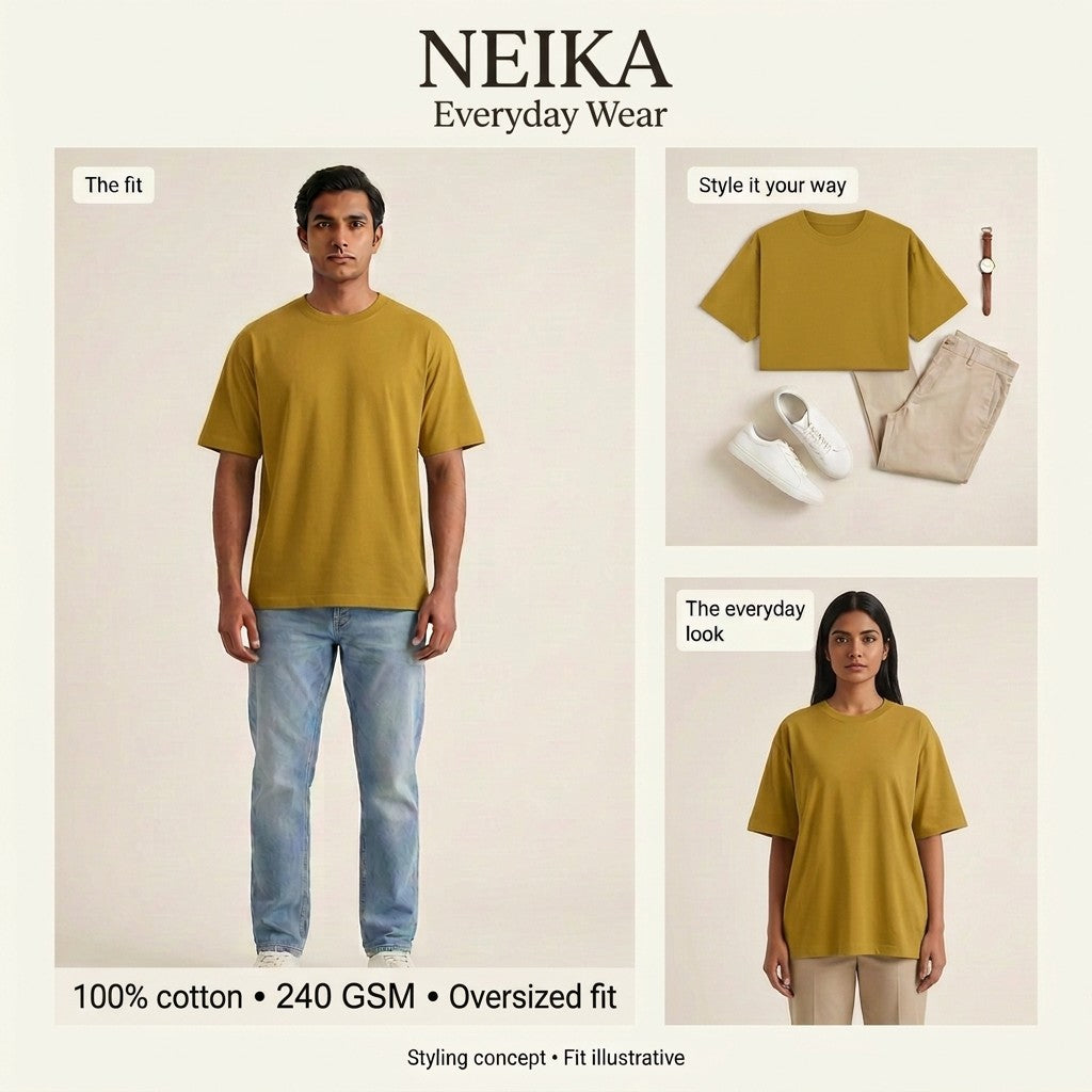 NEIKA Unisex Oversized Classic Cotton T-Shirt, 240 GSM
