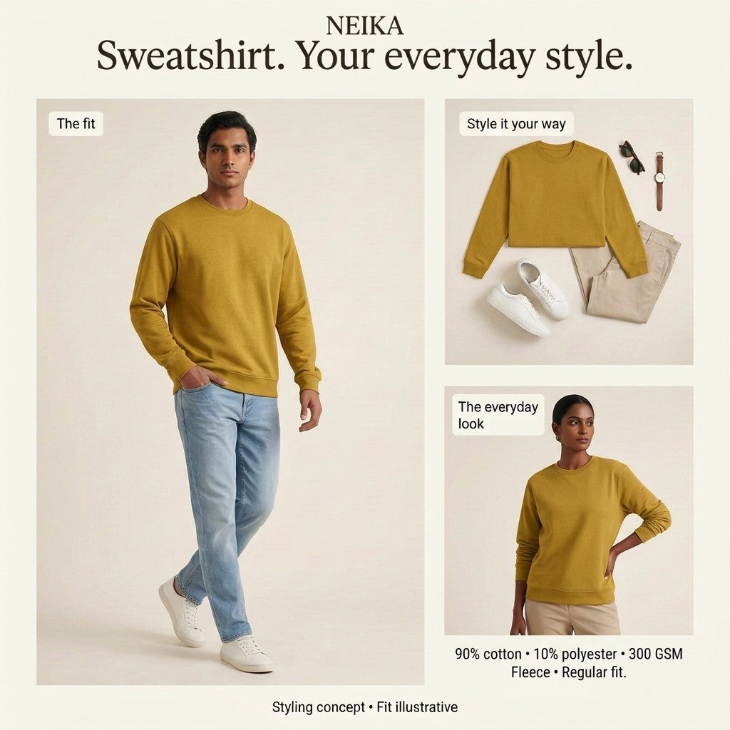 NEIKA Unisex Fleece Sweatshirt, 300 GSM Cotton Blend Regular Fit