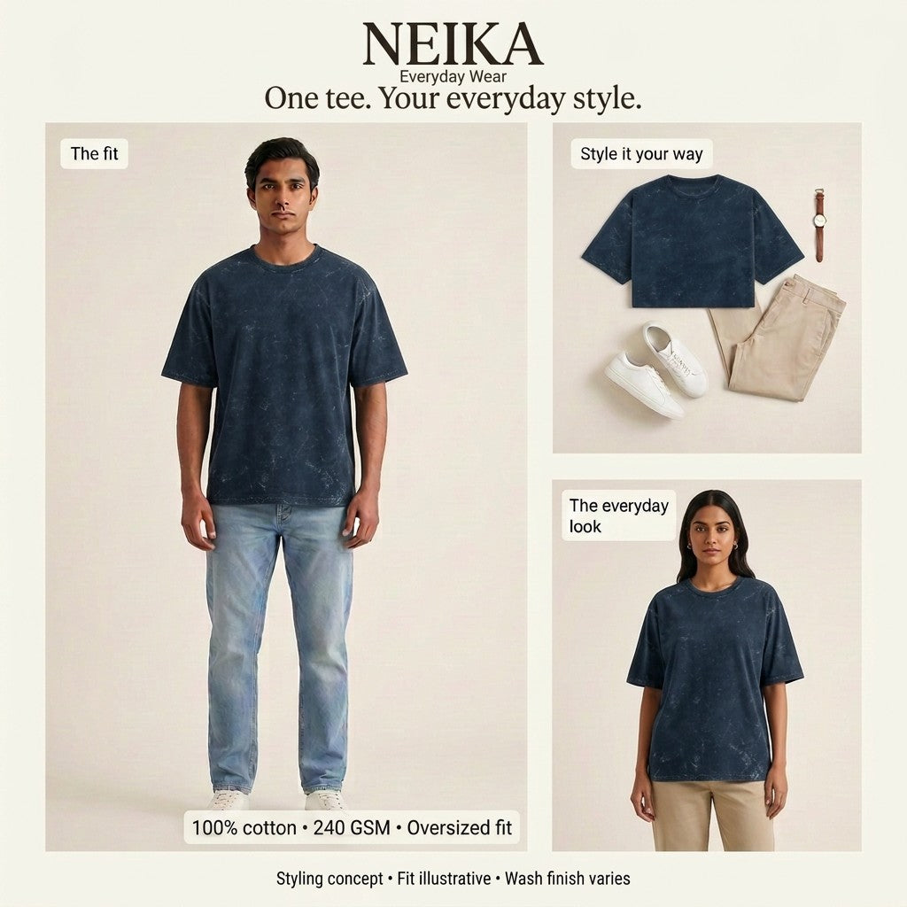 NEIKA Unisex Acid-Washed Oversized Cotton T-Shirt, 240 GSM