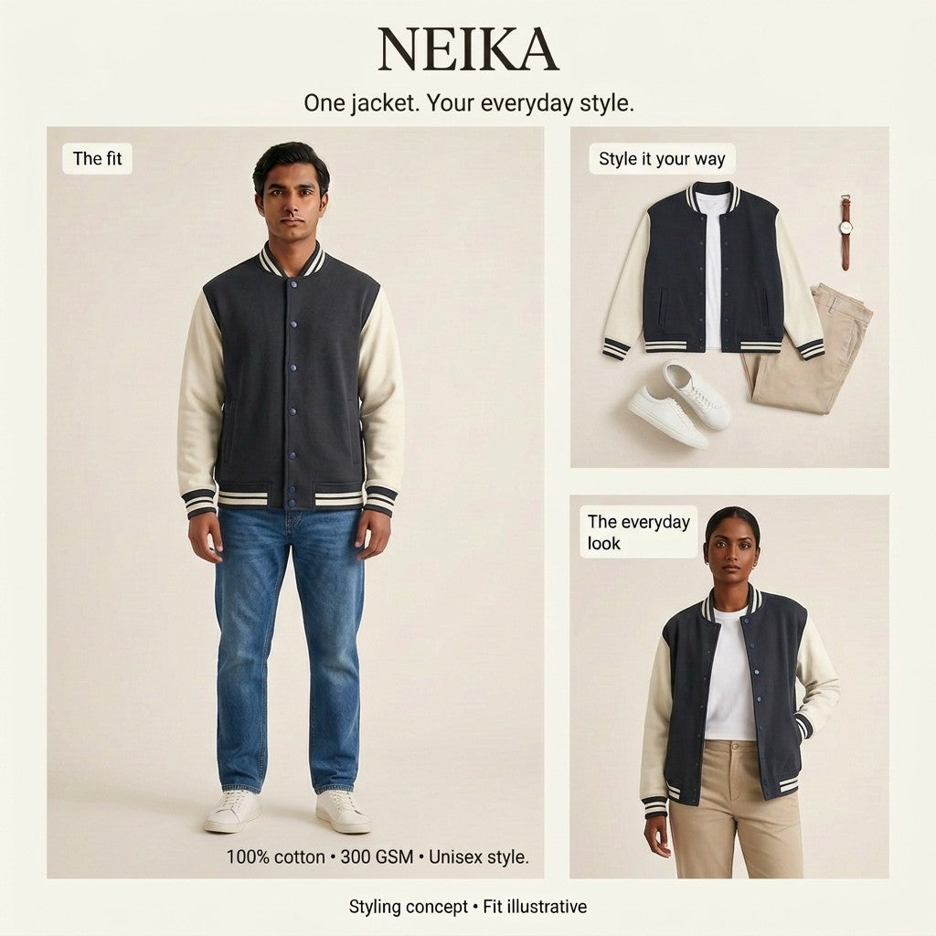 NEIKA Unisex Cotton Varsity Jacket, 300 GSM