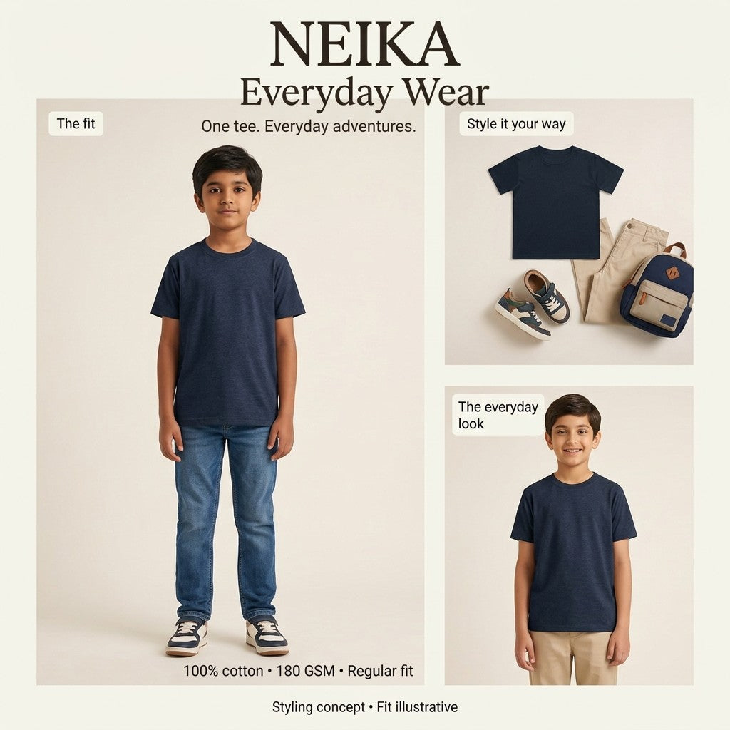 NEIKA Boys' Cotton Crew Neck T-Shirt, Regular Fit