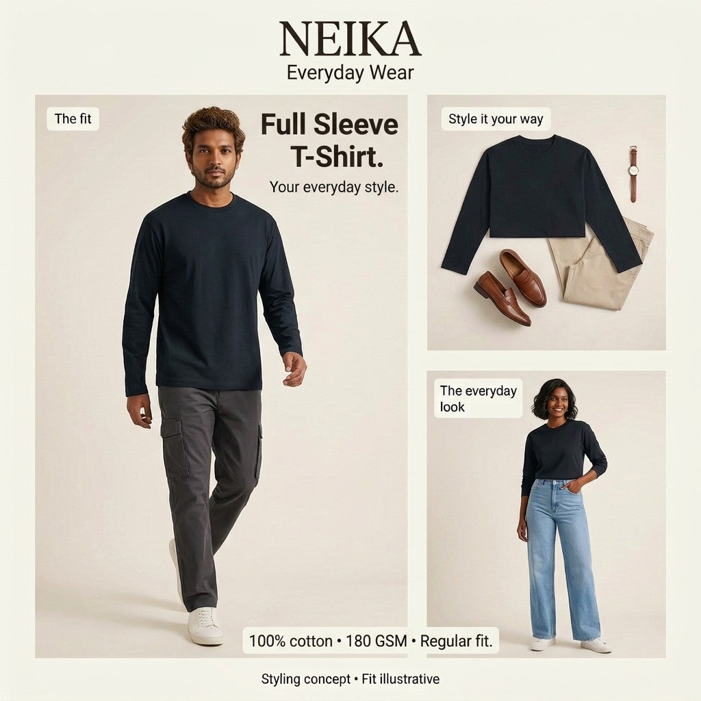 NEIKA Unisex Full Sleeve Cotton T-Shirt, 180 GSM Regular Fit