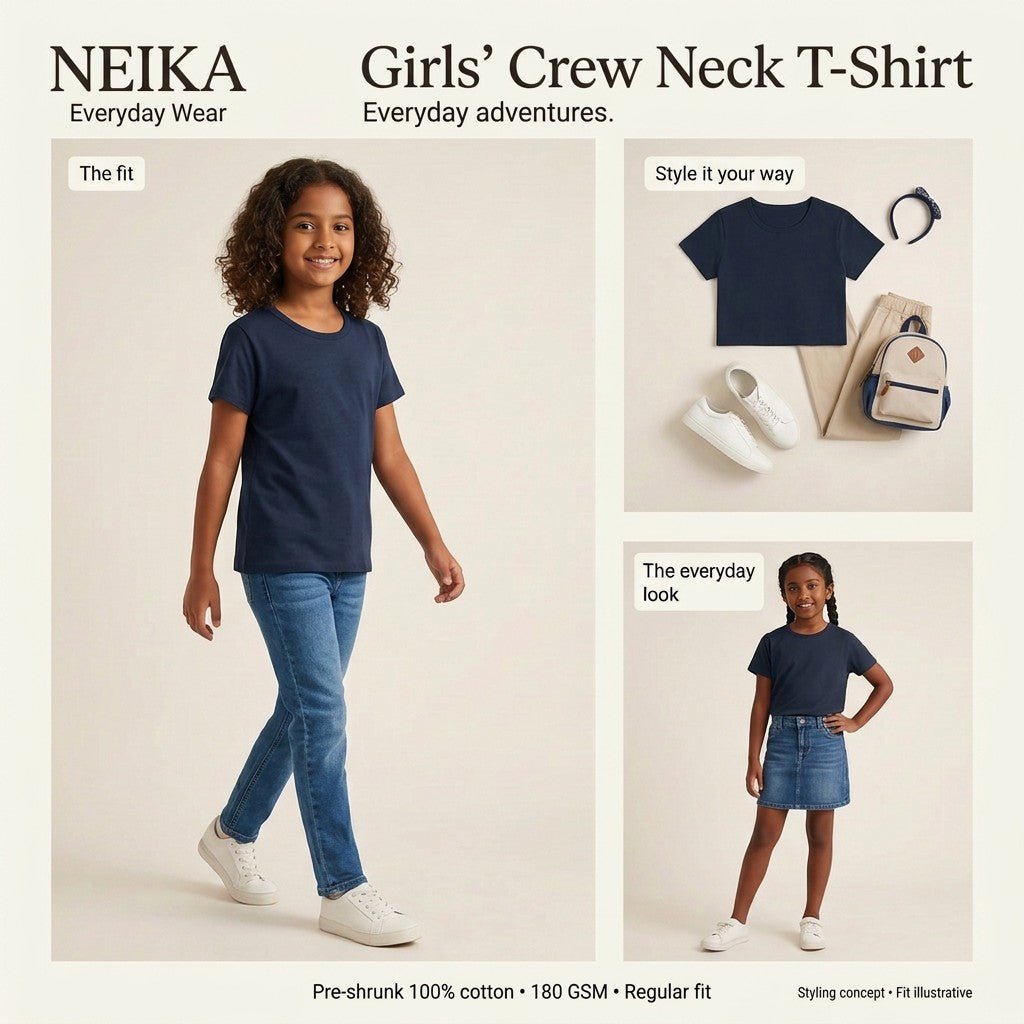 NEIKA Girls' Cotton Crew Neck T-Shirt, 180 GSM Regular Fit