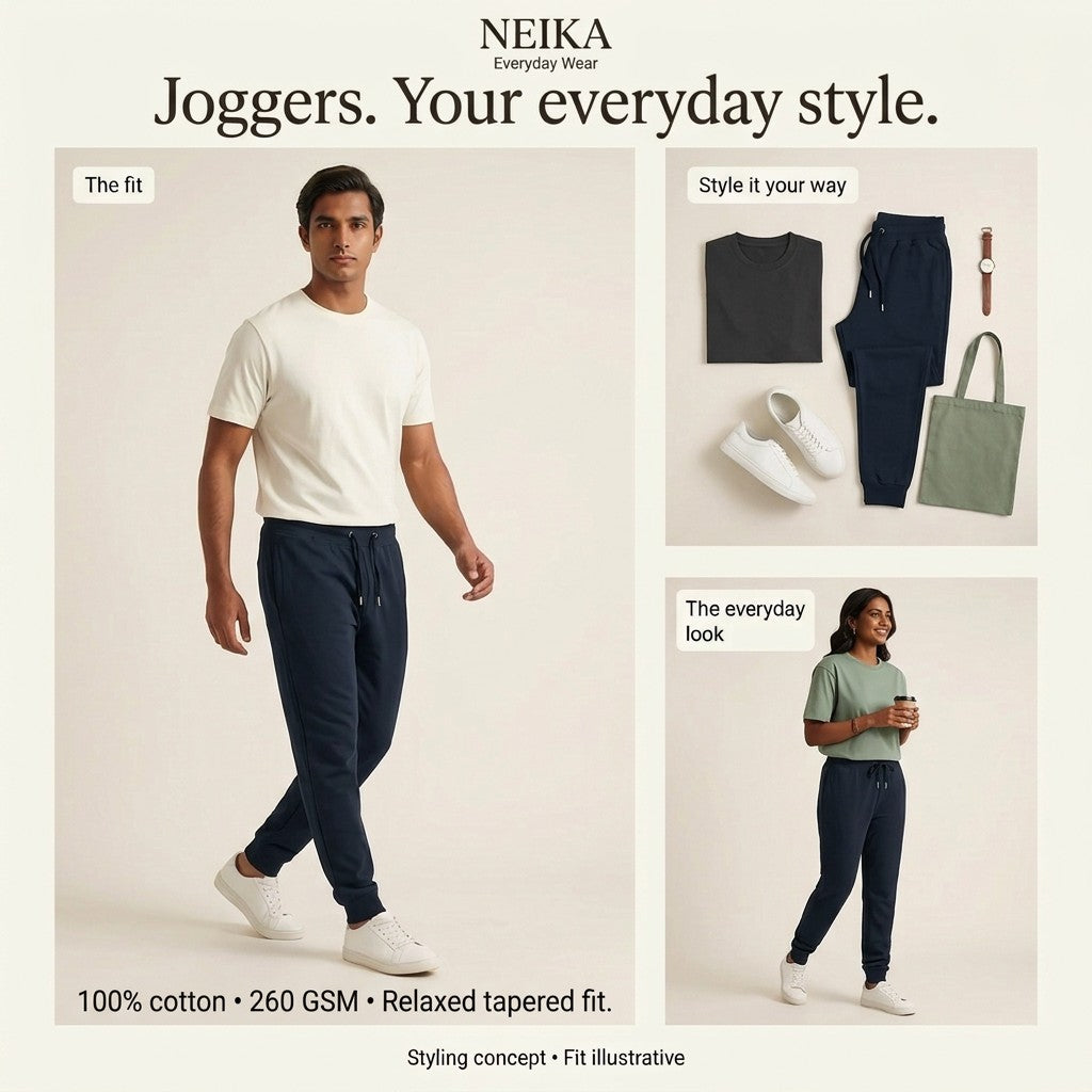 NEIKA Unisex Cotton Joggers, 260 GSM Relaxed Tapered Fit