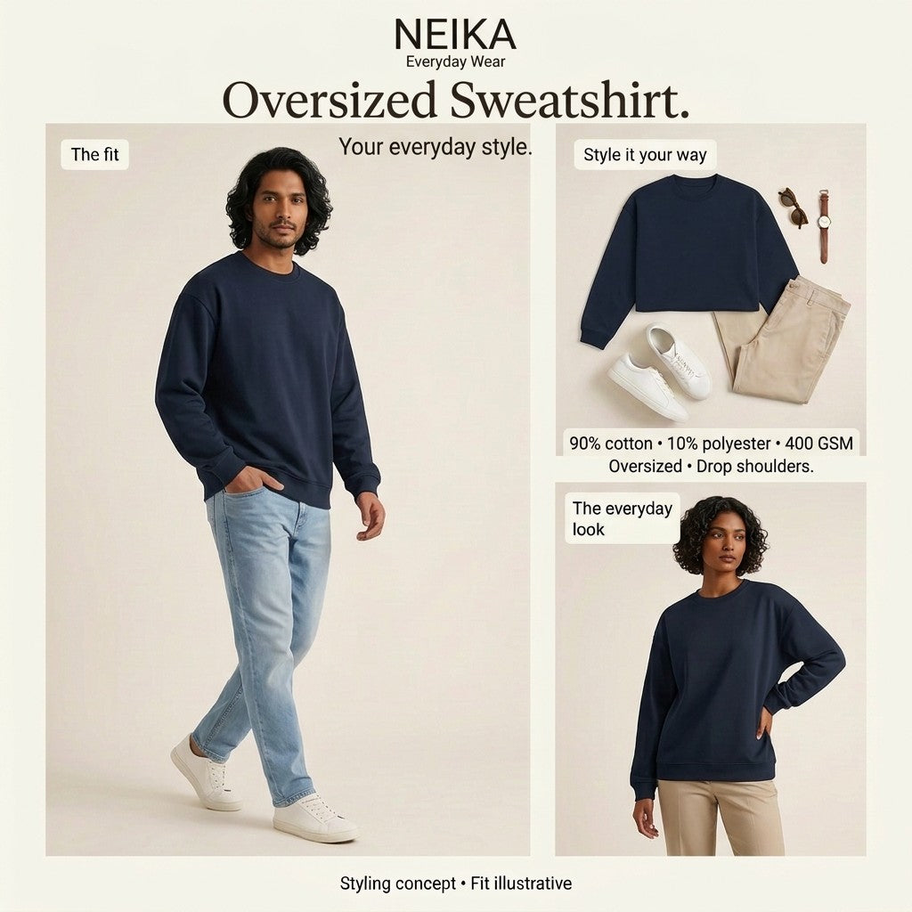 NEIKA Unisex Oversized Sweatshirt, 400 GSM Cotton Blend