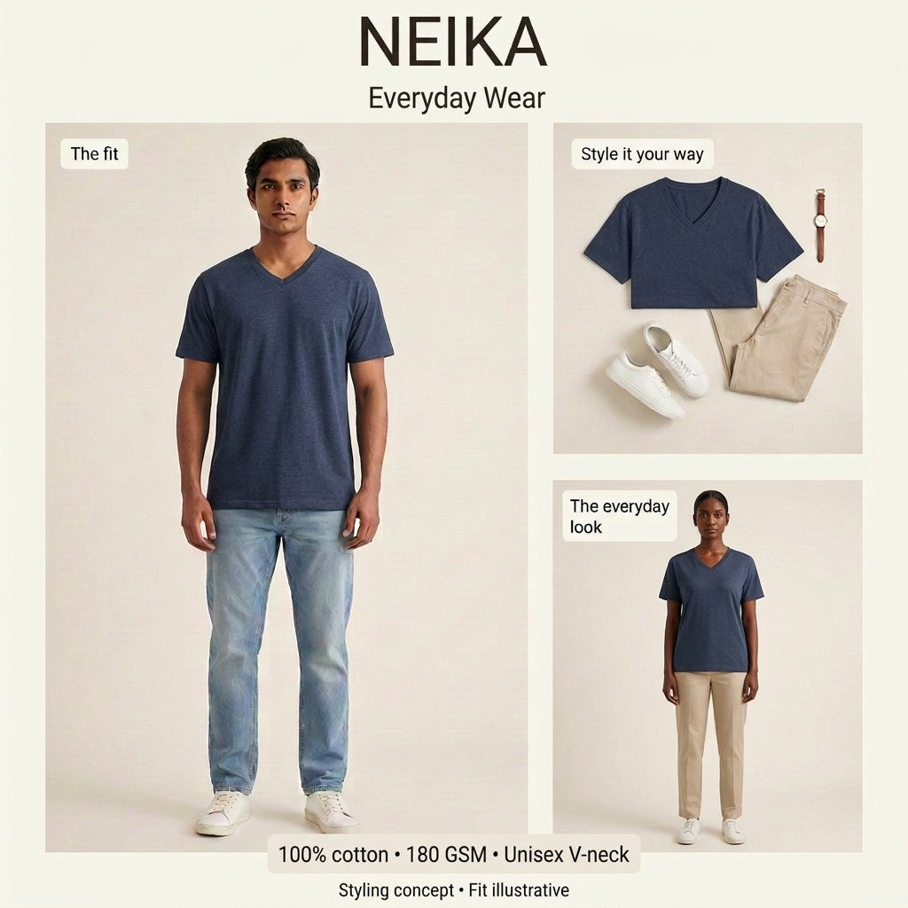 NEIKA Unisex Cotton V-Neck T-Shirt, 180 GSM