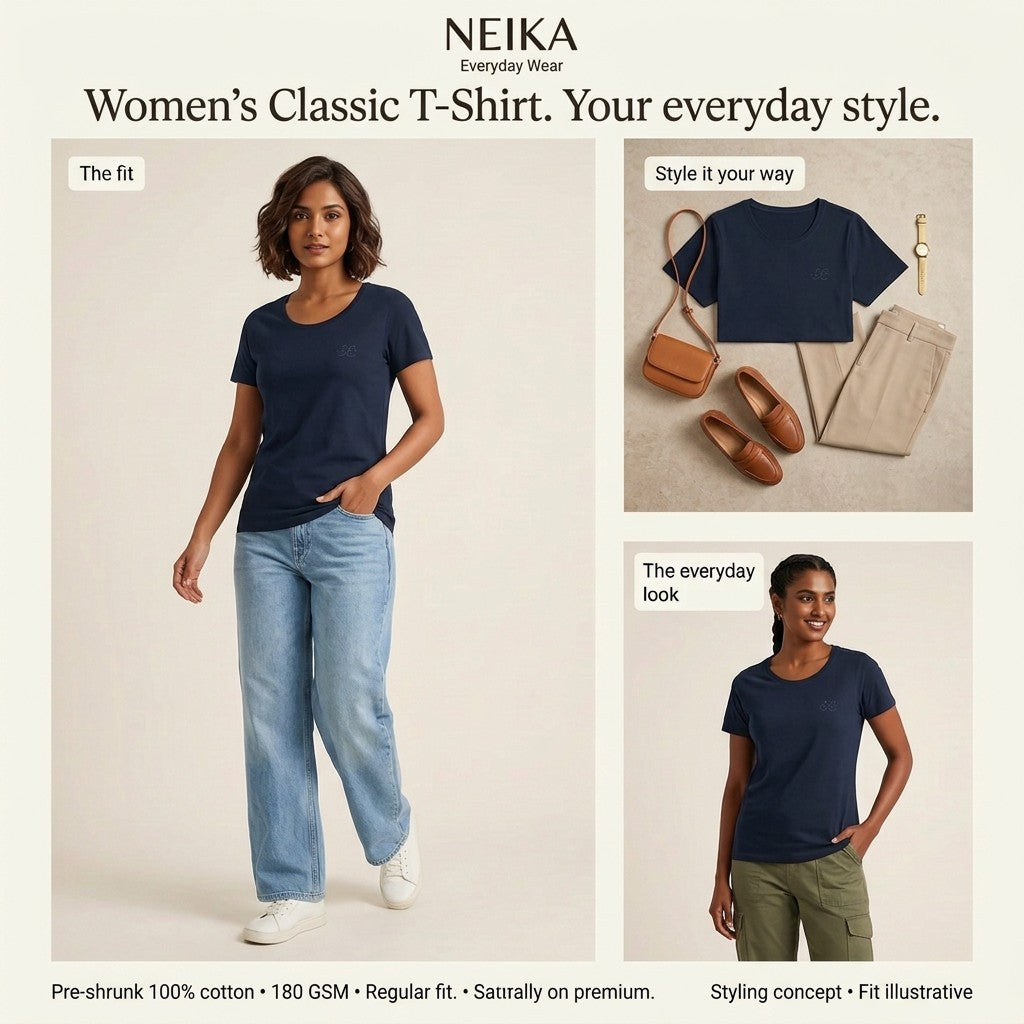 NEIKA Women's Classic Cotton T-Shirt, 180 GSM Regular Fit