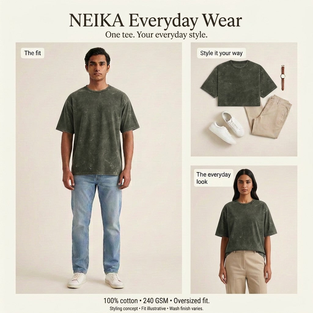 NEIKA Unisex Acid-Washed Oversized Cotton T-Shirt, 240 GSM
