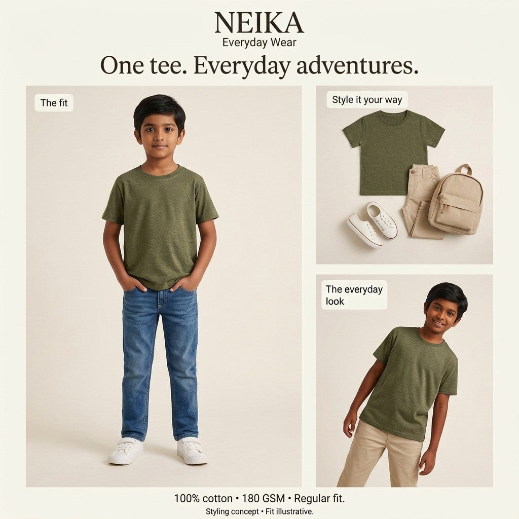 NEIKA Boys' Cotton Crew Neck T-Shirt, Regular Fit
