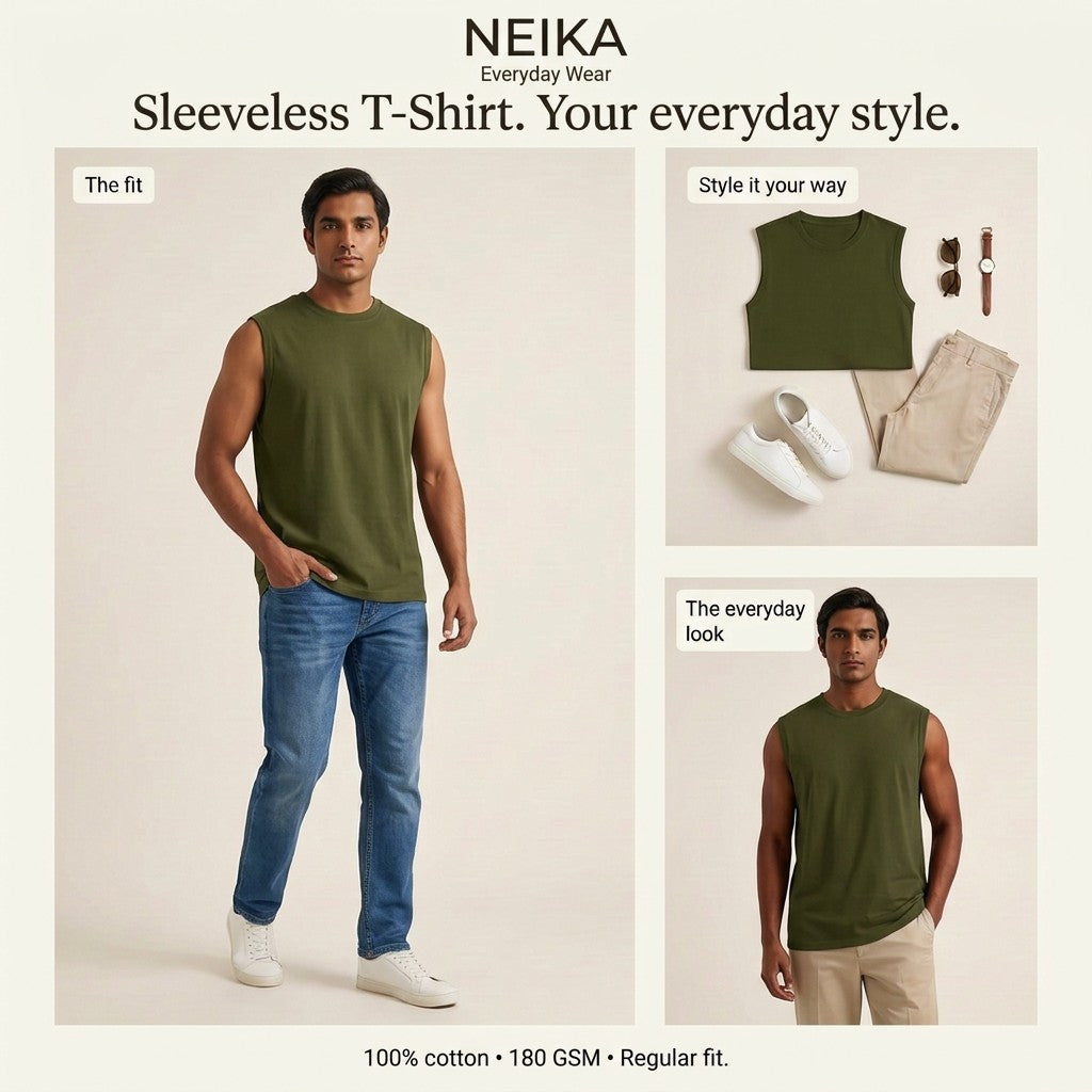 NEIKA Men's Sleeveless Cotton T-Shirt, 180 GSM Regular Fit