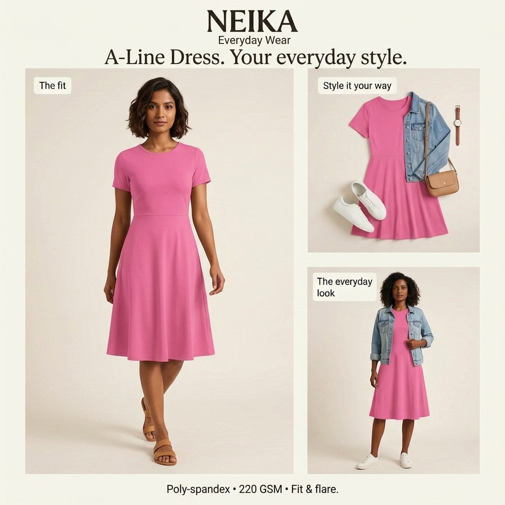 NEIKA Women's Stretch A-Line Dress, 220 GSM Poly-Spandex
