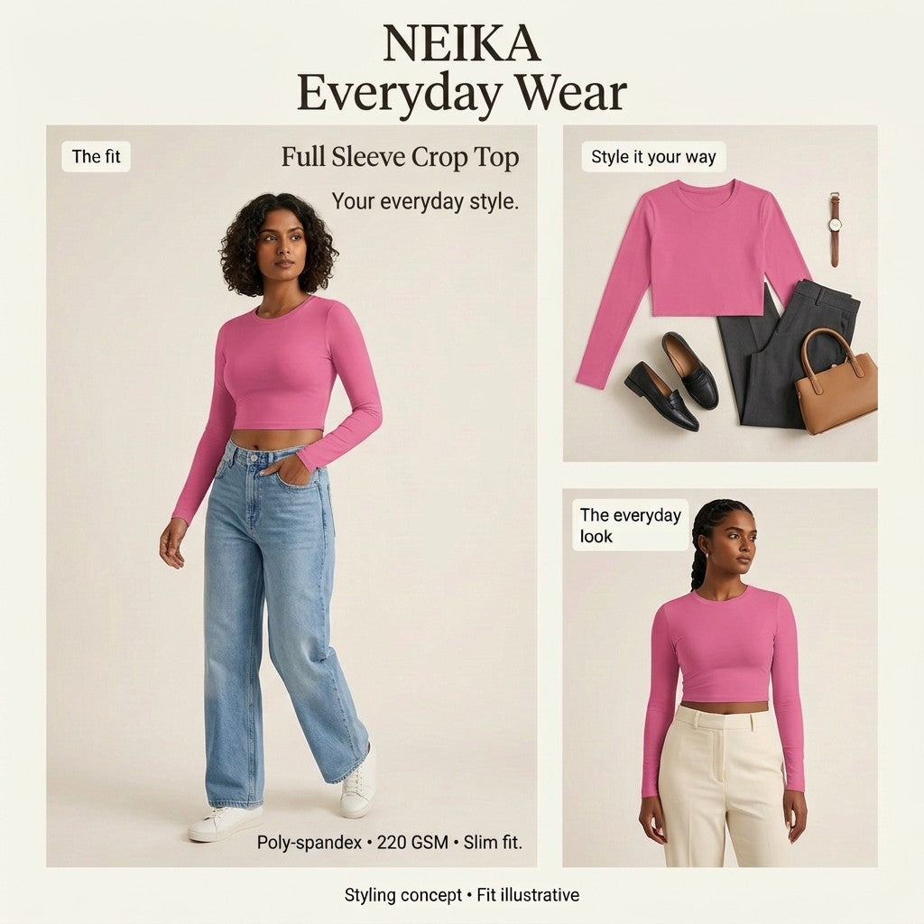 NEIKA Women's Pink Printed Full Sleeve Crop Top, 220 GSM