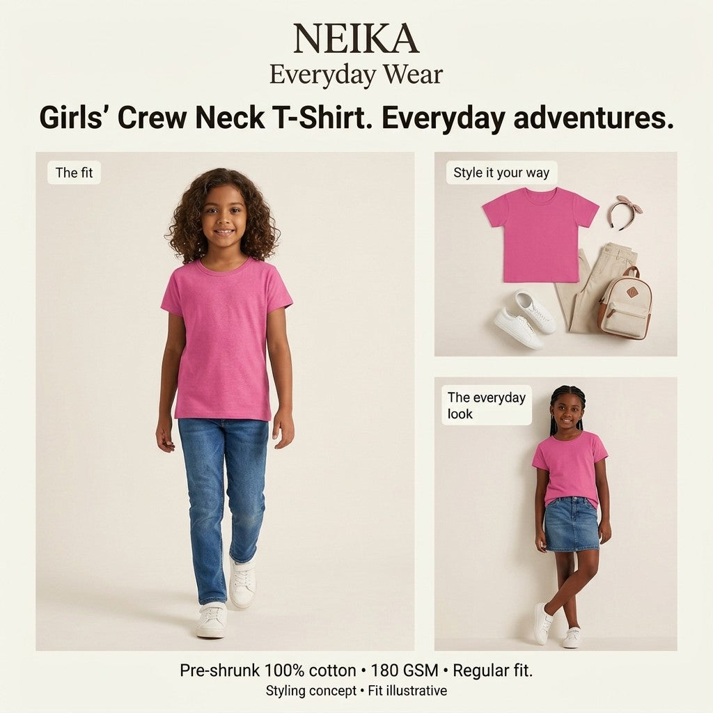 NEIKA Girls' Cotton Crew Neck T-Shirt, 180 GSM Regular Fit