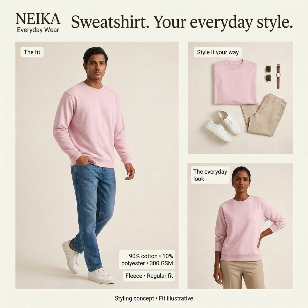 NEIKA Unisex Fleece Sweatshirt, 300 GSM Cotton Blend Regular Fit