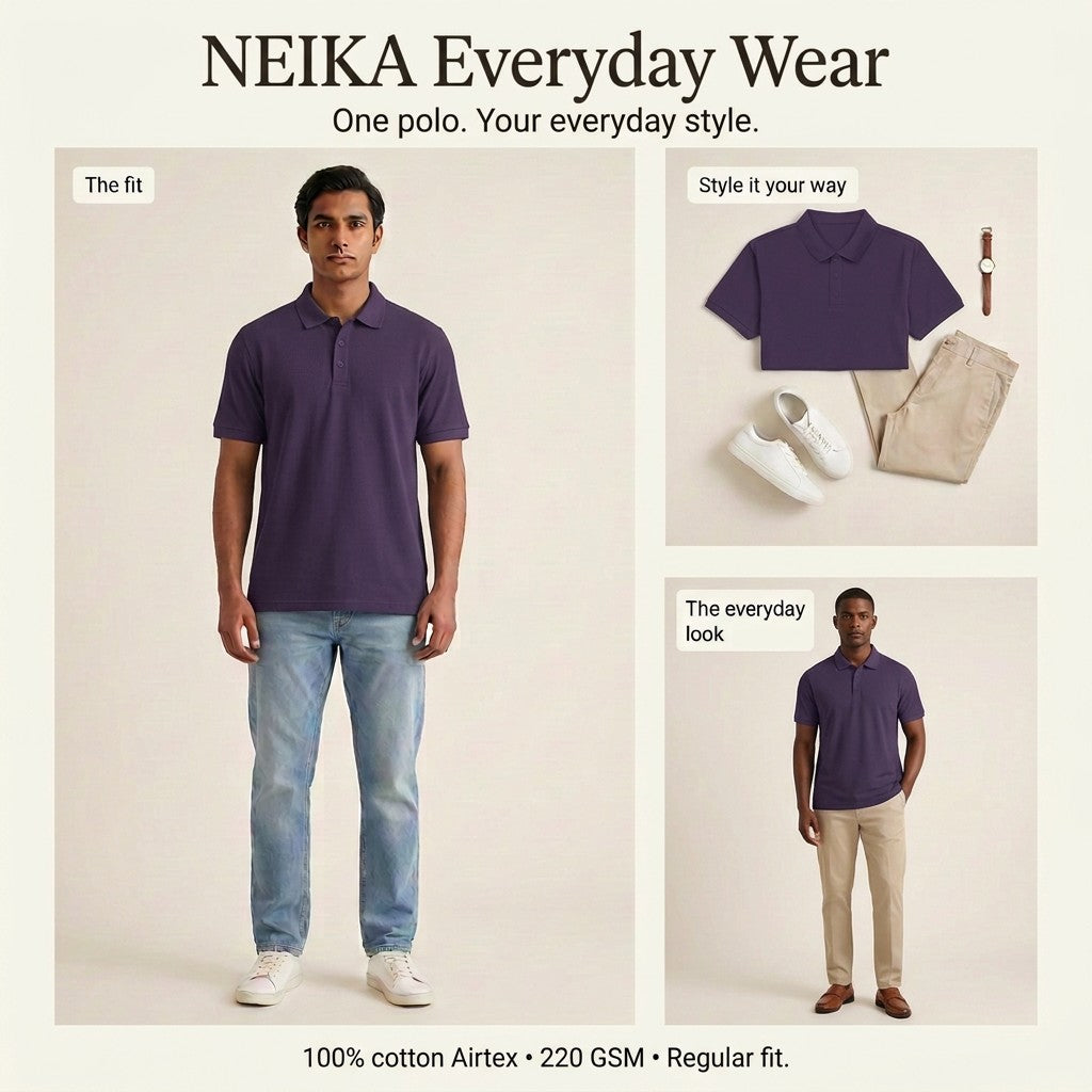 NEIKA Unisex Cotton Airtex Polo T-Shirt, Regular Fit