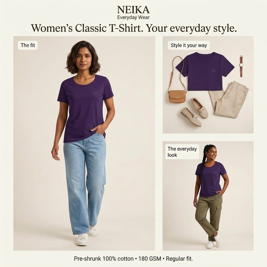 NEIKA Women's Classic Cotton T-Shirt, 180 GSM Regular Fit