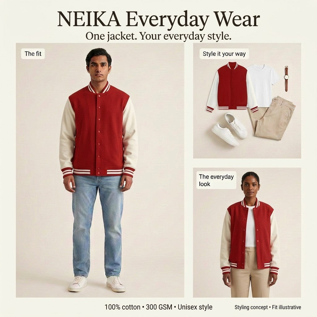 NEIKA Unisex Cotton Varsity Jacket, 300 GSM