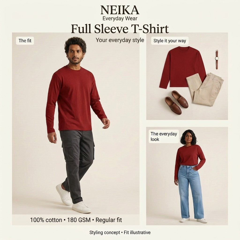 NEIKA Unisex Full Sleeve Cotton T-Shirt, 180 GSM Regular Fit