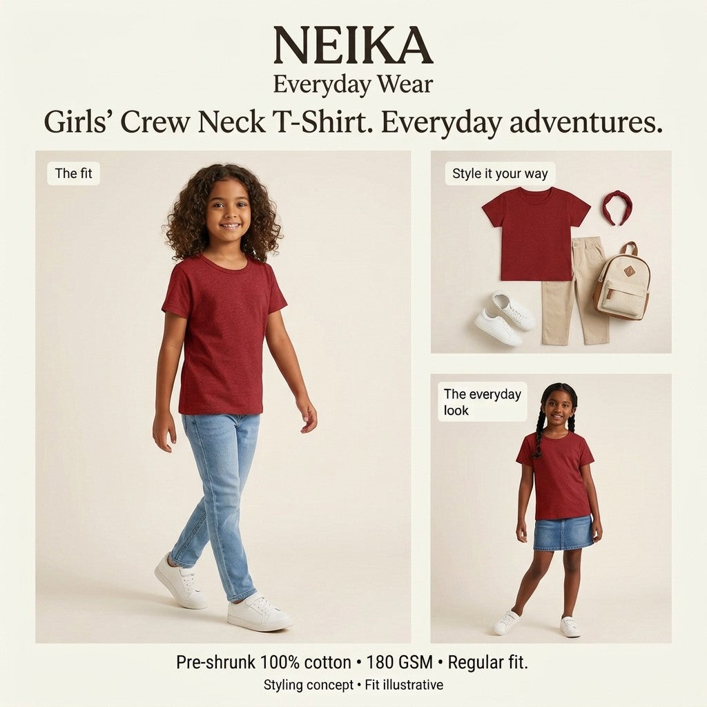 NEIKA Girls' Cotton Crew Neck T-Shirt, 180 GSM Regular Fit