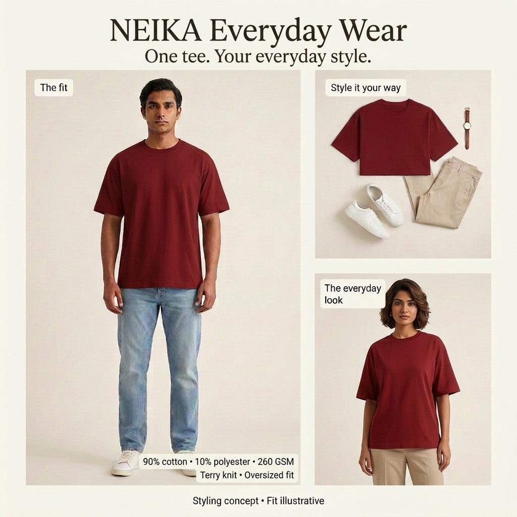 NEIKA Unisex Terry Oversized T-Shirt, 260 GSM Cotton Blend