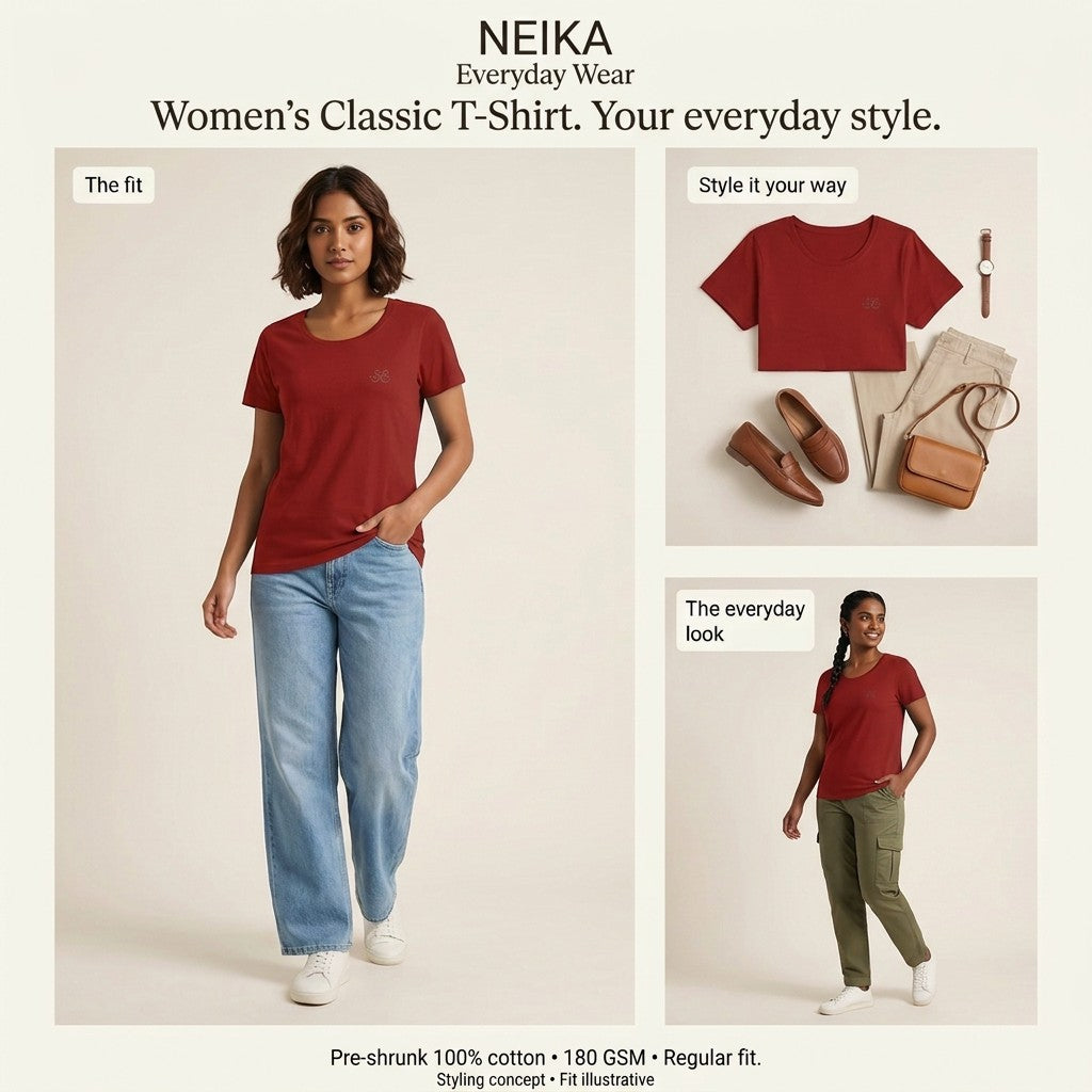 NEIKA Women's Classic Cotton T-Shirt, 180 GSM Regular Fit