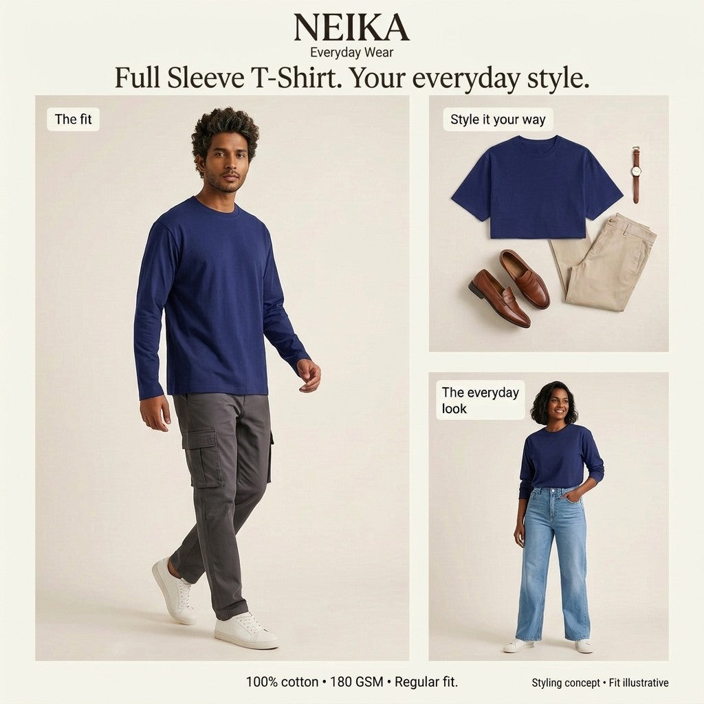 NEIKA Unisex Full Sleeve Cotton T-Shirt, 180 GSM Regular Fit