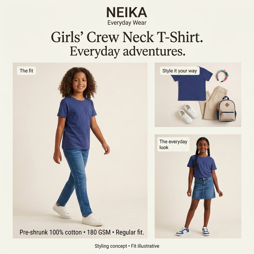 NEIKA Girls' Cotton Crew Neck T-Shirt, 180 GSM Regular Fit