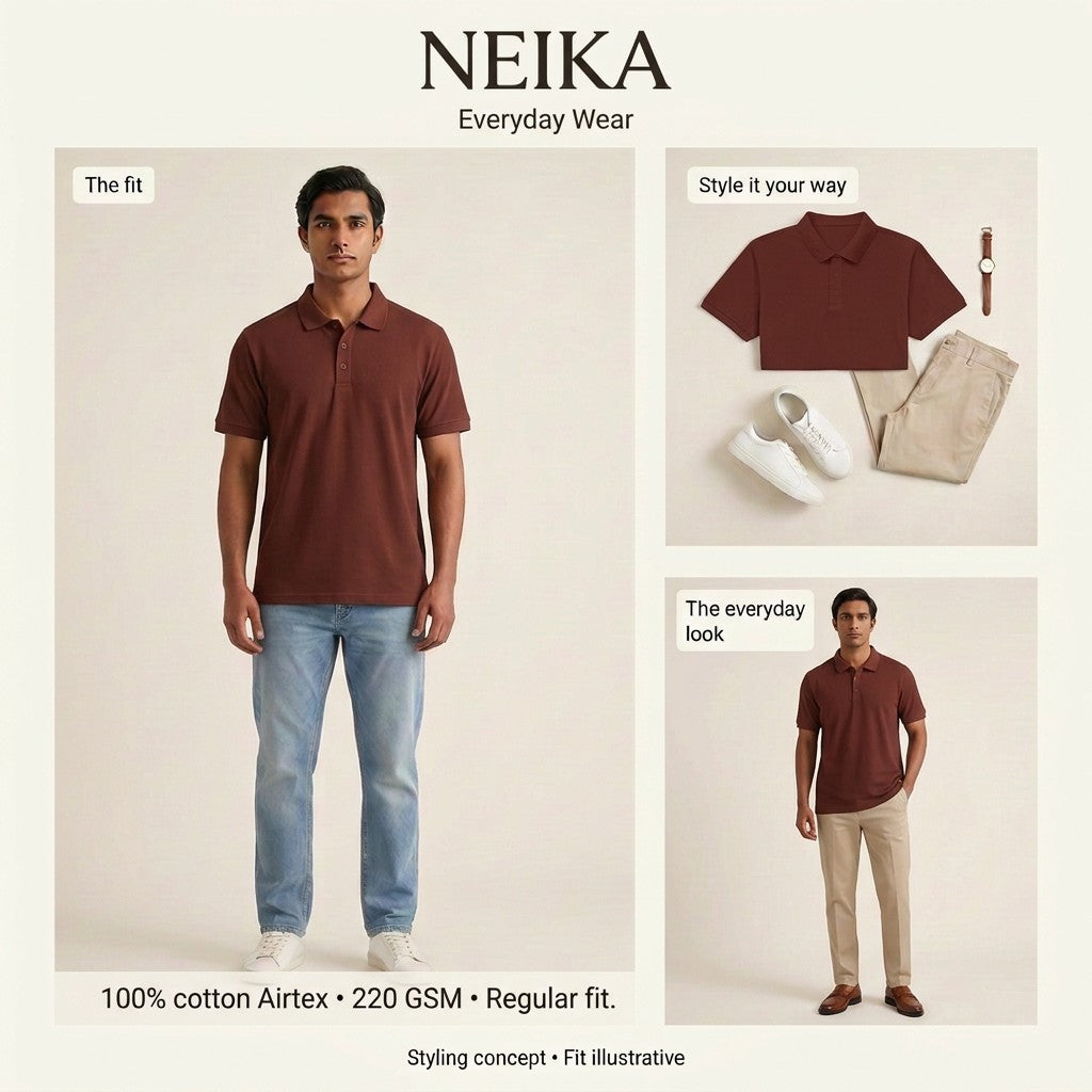 NEIKA Unisex Cotton Airtex Polo T-Shirt, Regular Fit