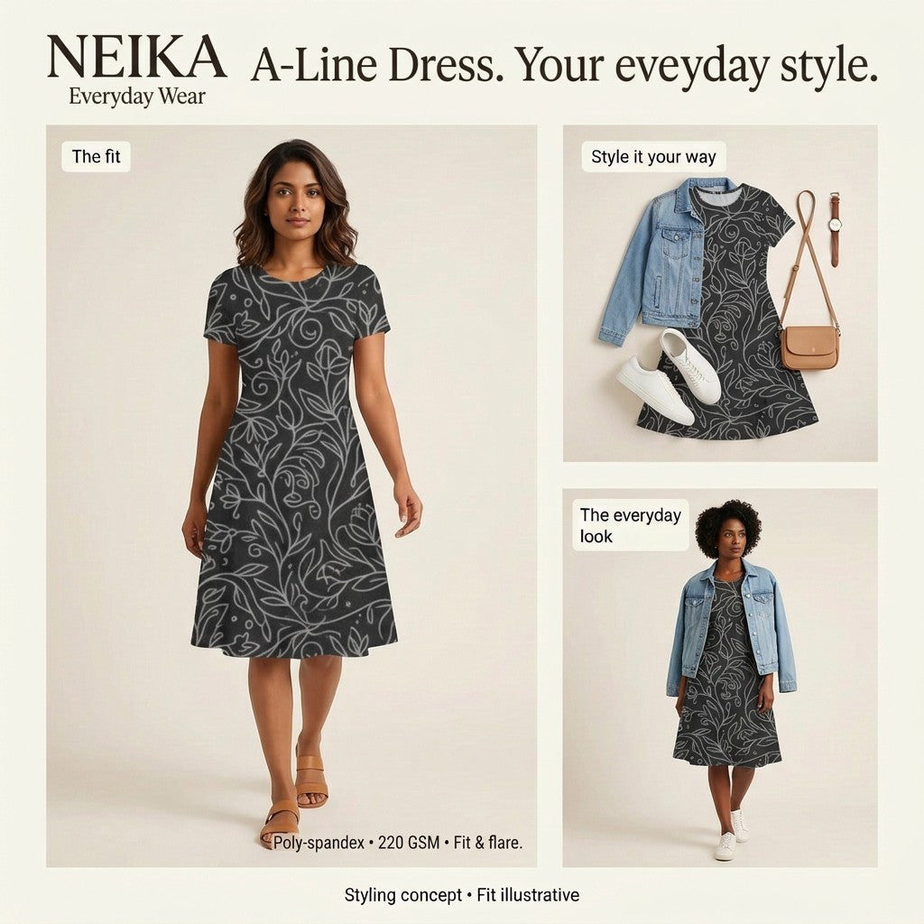 NEIKA Women's Black Stretch A-Line Dress, 220 GSM