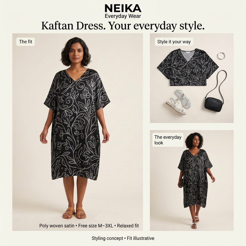 NEIKA Women's Silver Floral Satin Kaftan Dress, Free Size