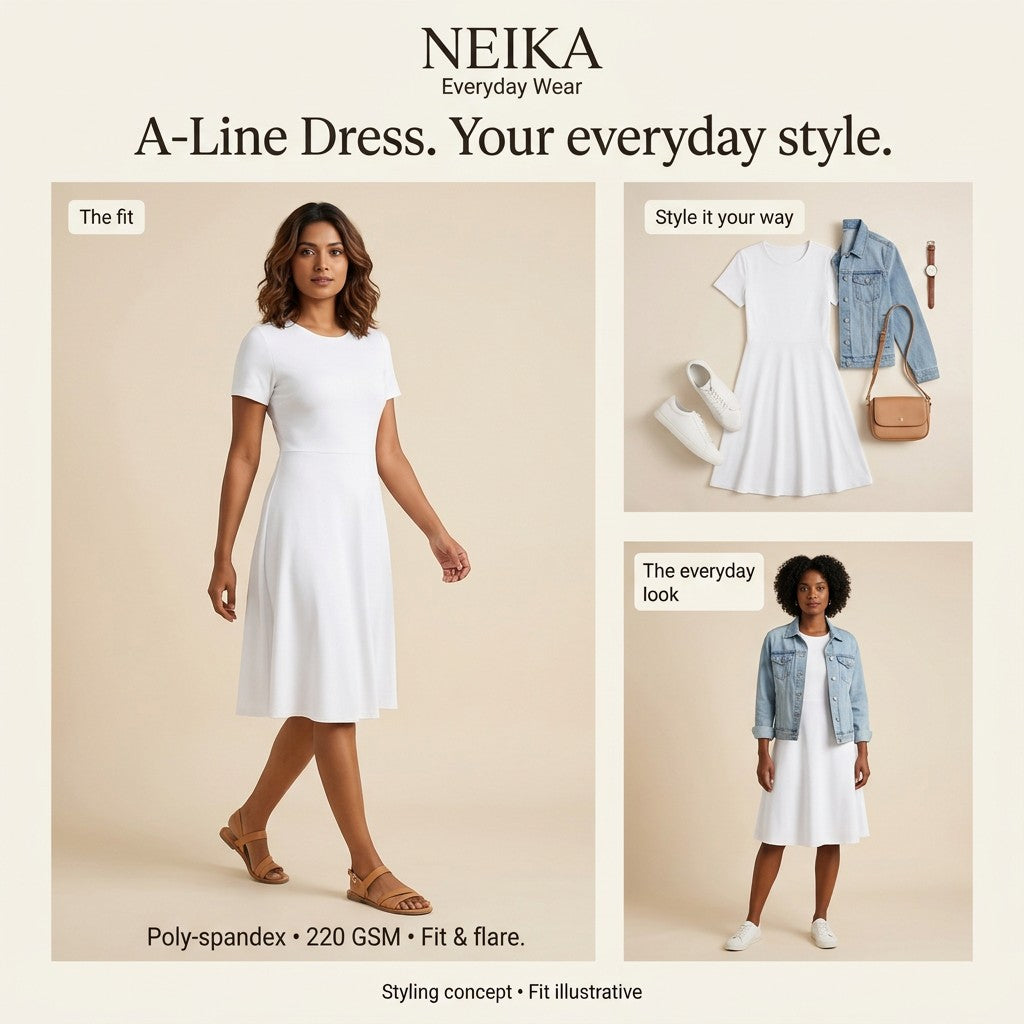 NEIKA Women's White Stretch A-Line Dress, 220 GSM