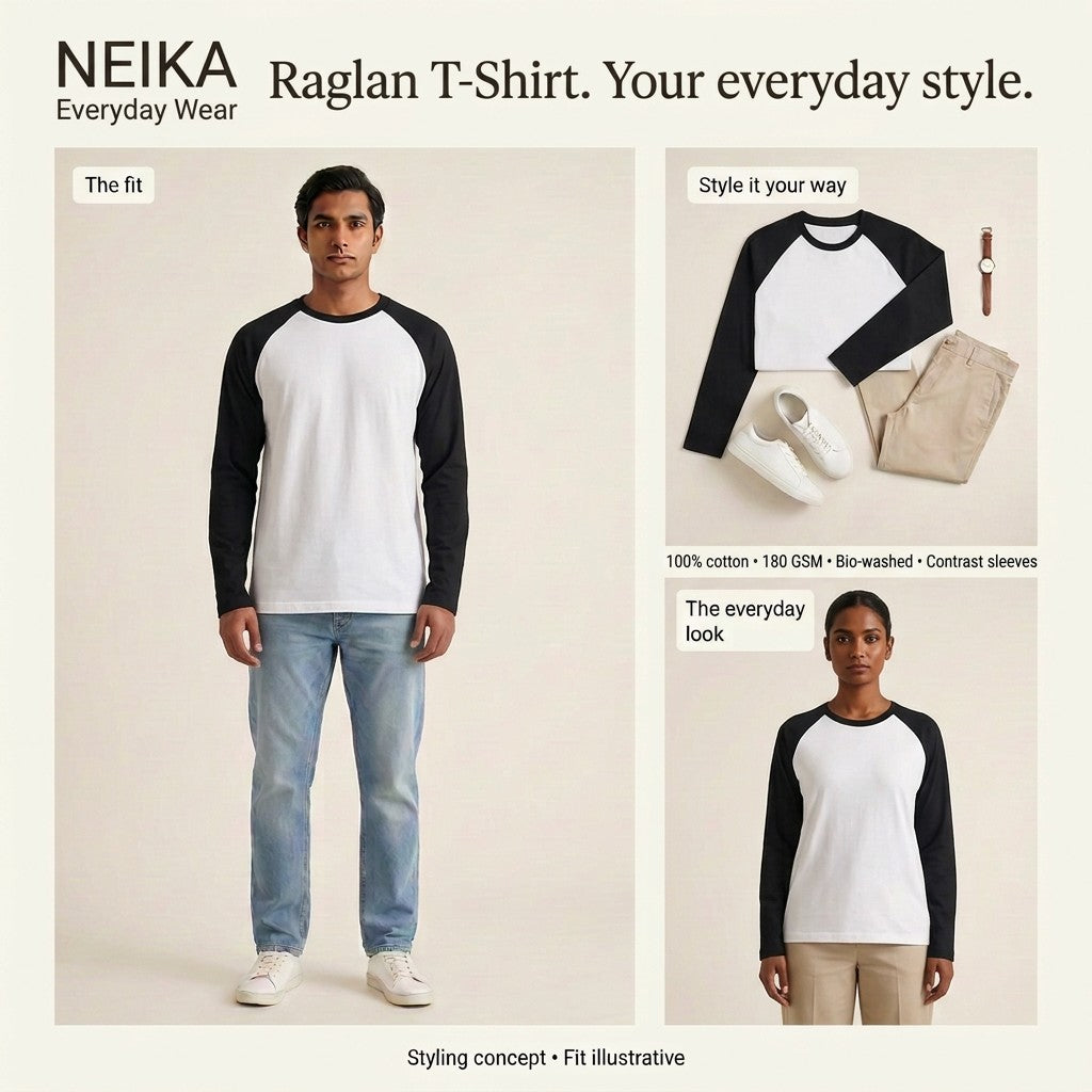 NEIKA Unisex Cotton Raglan T-Shirt, 180 GSM Contrast Sleeves