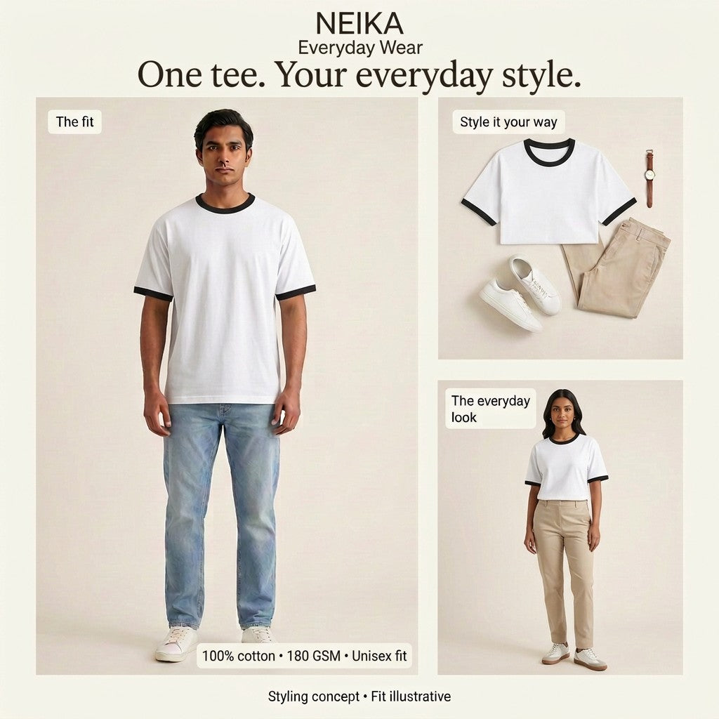 NEIKA Unisex Cotton Ringer T-Shirt, Bio-Washed