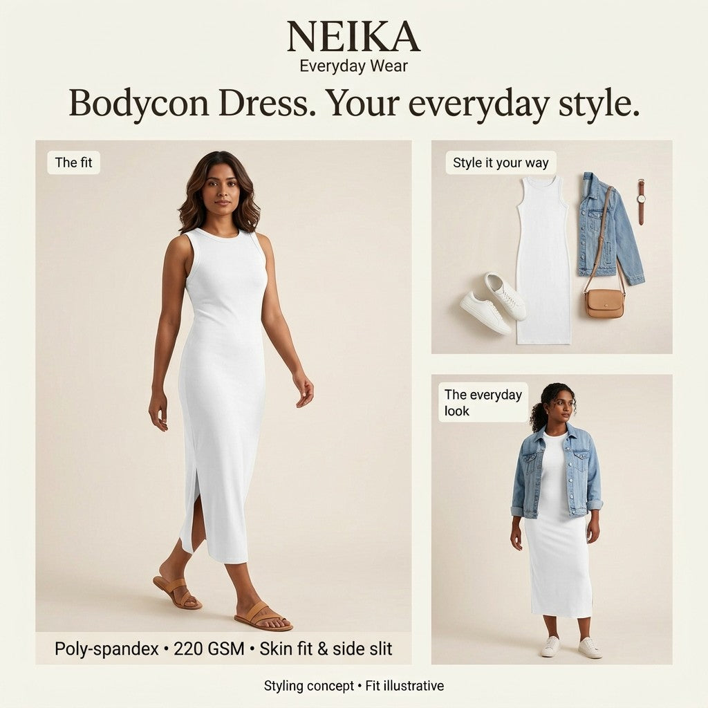 NEIKA Women's White Stretch Bodycon Dress with Side Slit, 220 GSM