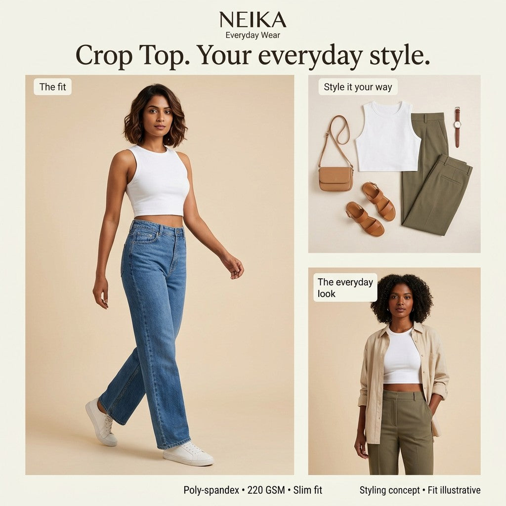 NEIKA Women's White Stretch Crew Neck Crop Top, 220 GSM