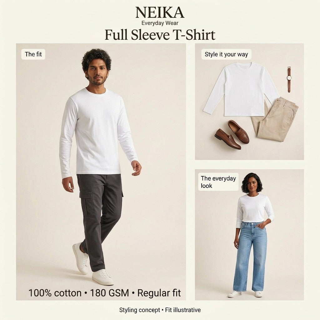 NEIKA Unisex Full Sleeve Cotton T-Shirt, 180 GSM Regular Fit