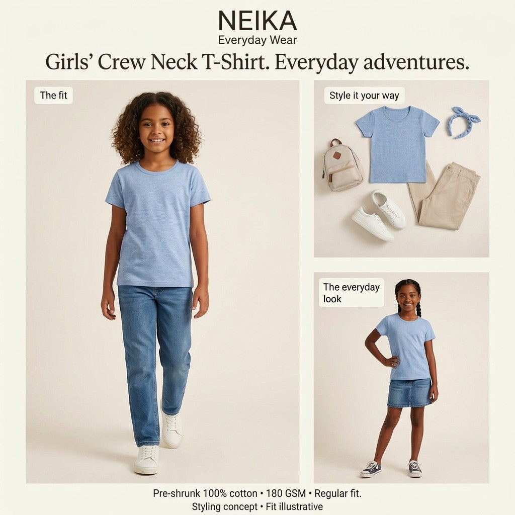 NEIKA Girls' Cotton Crew Neck T-Shirt, 180 GSM Regular Fit