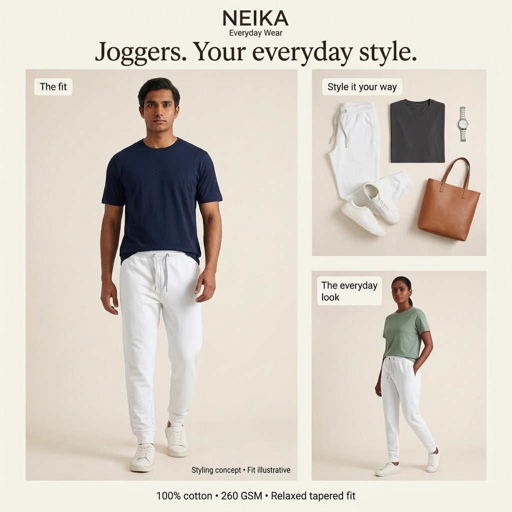 NEIKA Unisex Cotton Joggers, 260 GSM Relaxed Tapered Fit
