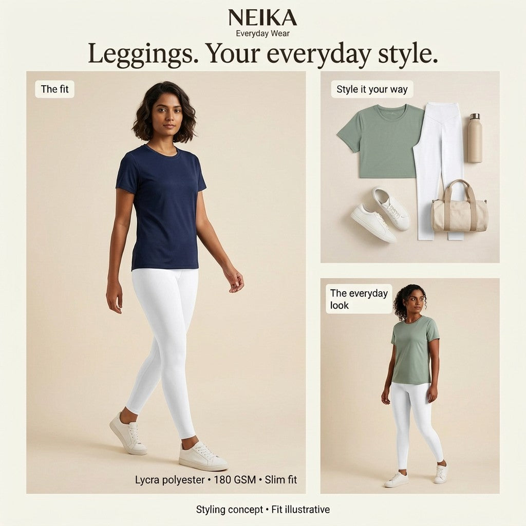 NEIKA Women's White Printed Stretch Leggings, 180 GSM Lycra Polyester