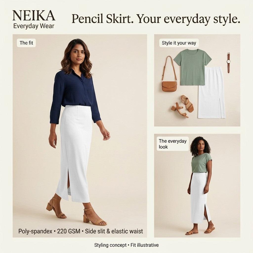 NEIKA Women's Stretch Pencil Skirt with Side Slit, 220 GSM