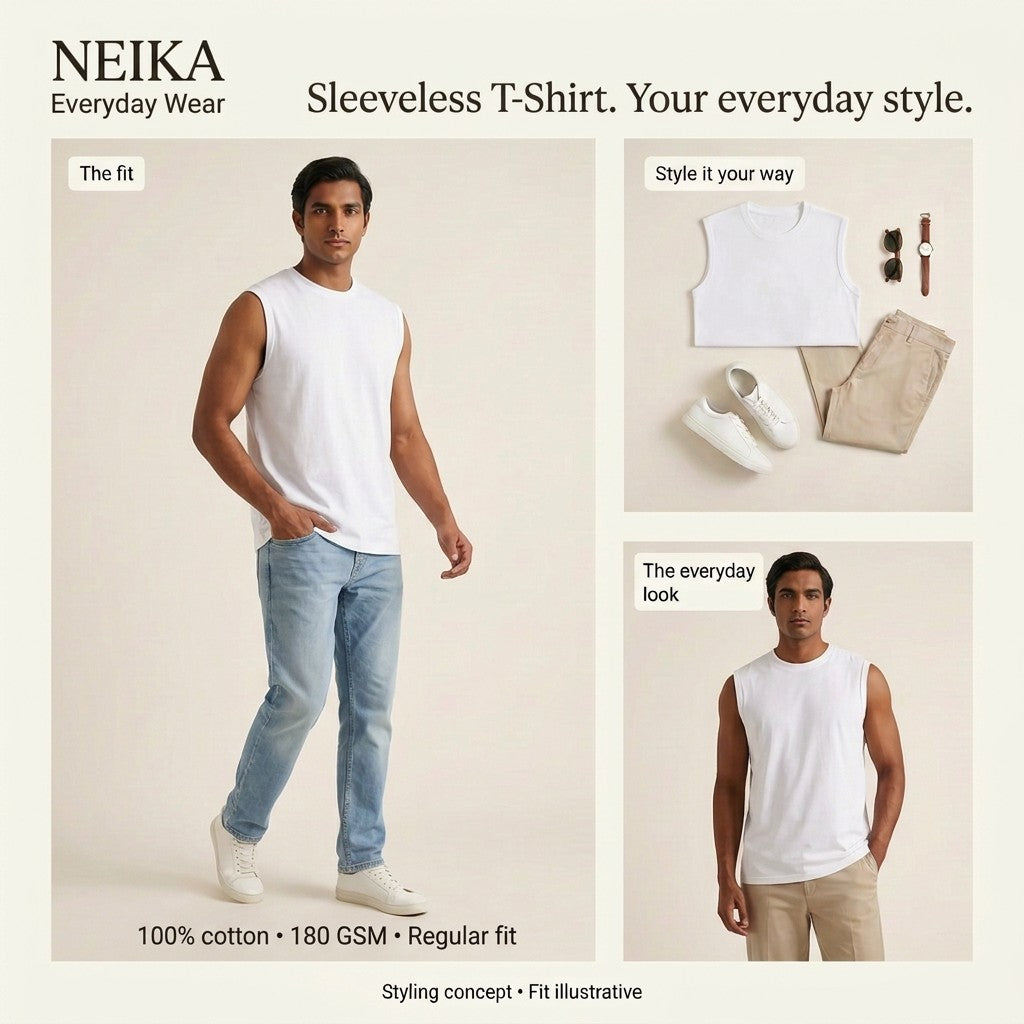 NEIKA Men's Sleeveless Cotton T-Shirt, 180 GSM Regular Fit