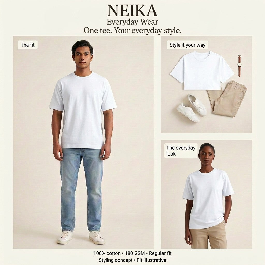 NEIKA Unisex Standard Cotton Crew T-Shirt, Regular Fit