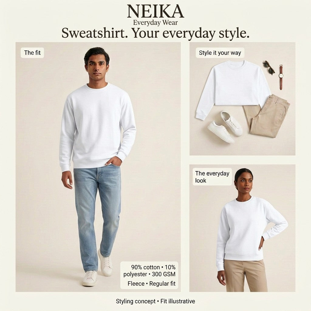 NEIKA Unisex Fleece Sweatshirt, 300 GSM Cotton Blend Regular Fit
