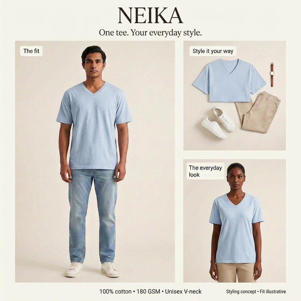 NEIKA Unisex Cotton V-Neck T-Shirt, 180 GSM