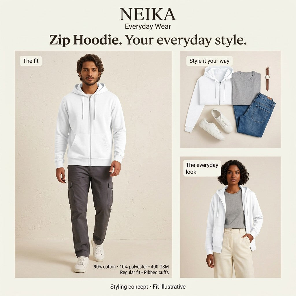 NEIKA Unisex Zip Hoodie, 400 GSM Cotton Blend Regular Fit