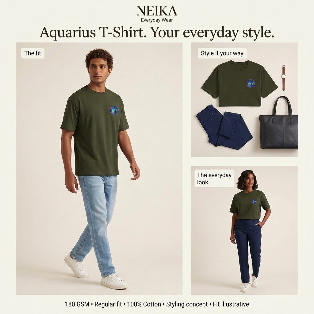 NEIKA Aquarius Zodiac Unisex Cotton T-Shirt, 180 GSM Regular Fit