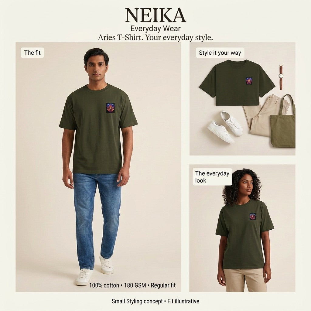 NEIKA Aries Zodiac Unisex Cotton T-Shirt, 180 GSM Regular Fit