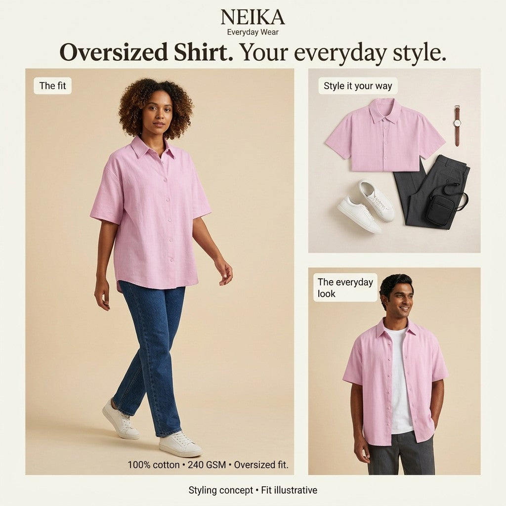 NEIKA Unisex Oversized Cotton Shirt, Half Sleeve