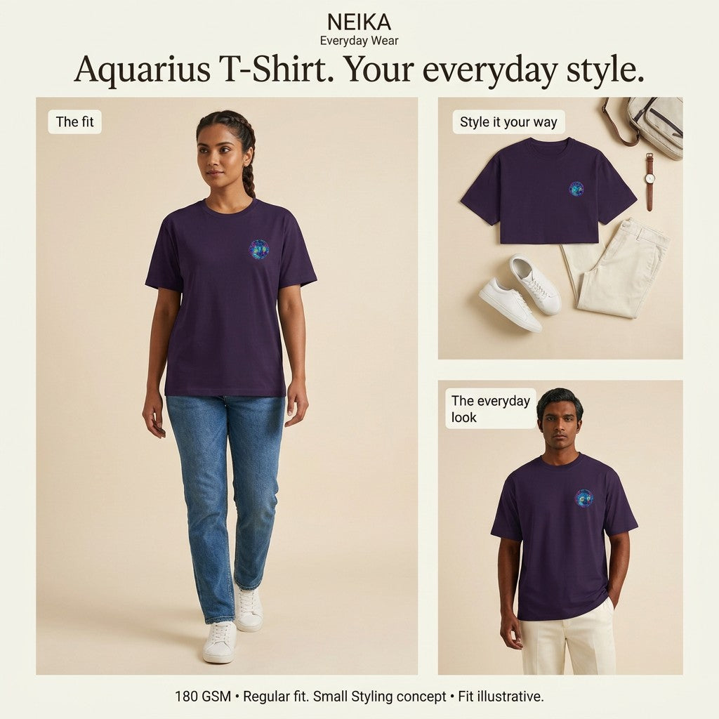 NEIKA Aquarius Zodiac Unisex Cotton T-Shirt, 180 GSM Regular Fit