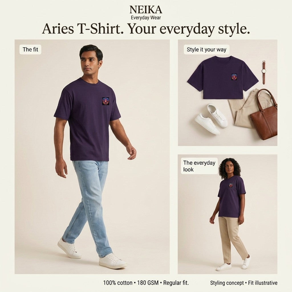 NEIKA Aries Zodiac Unisex Cotton T-Shirt, 180 GSM Regular Fit